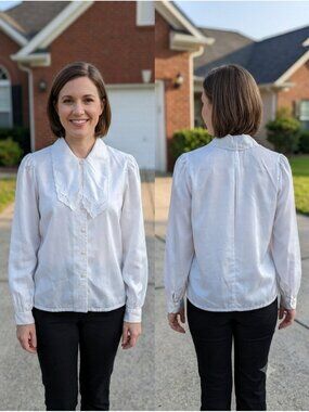 Vintage Nilani 80s White Satin Embroidered Lace Statement Collar Blouse 9/10